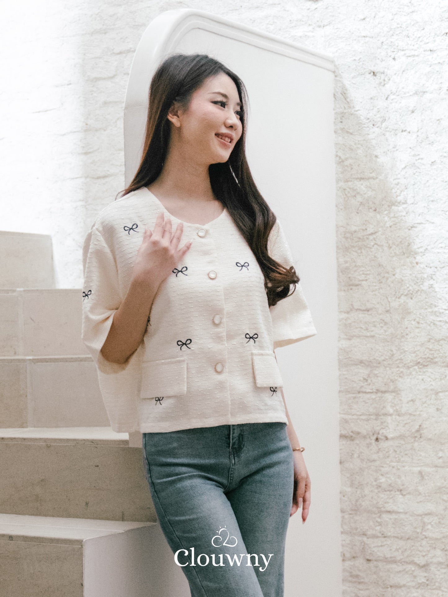 Emery Ribbon Tweed Top - Broken White