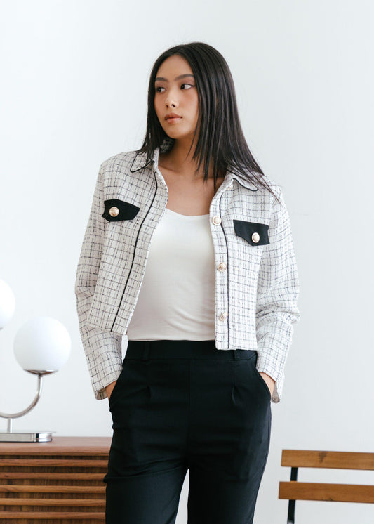 Nira Long Tweed Blazer - White