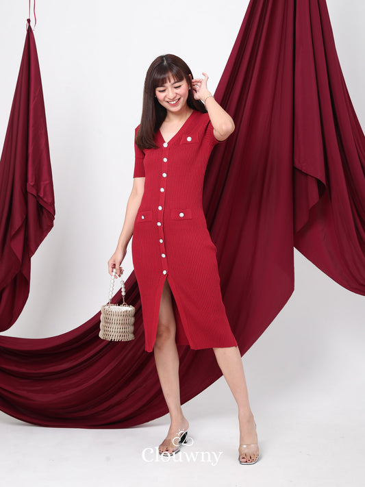 Edmond Button Dress - Maroon