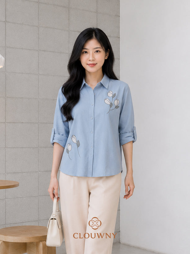 Sona Button Cotton Longsleeve - Blue