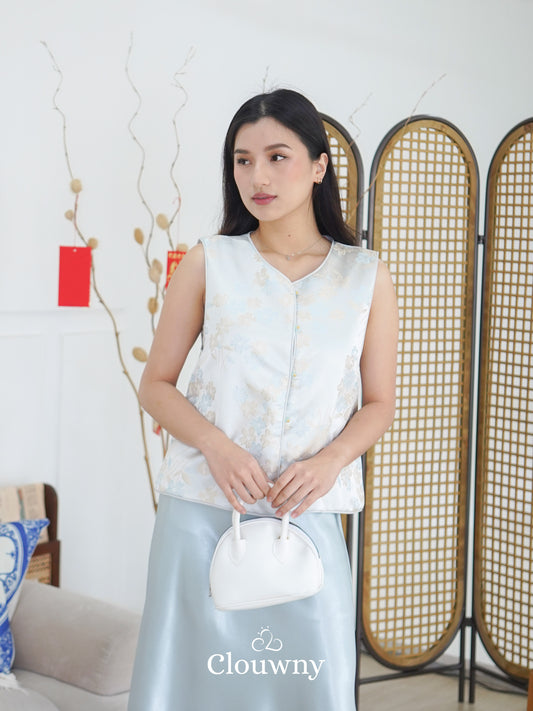 Li Hwa Flower Qipao - Ice Blue
