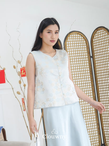 Li Hwa Flower Qipao - Ice Blue