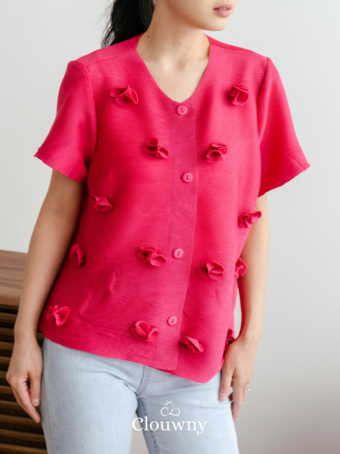 Valva Flower Pleats Top - Fuchsia