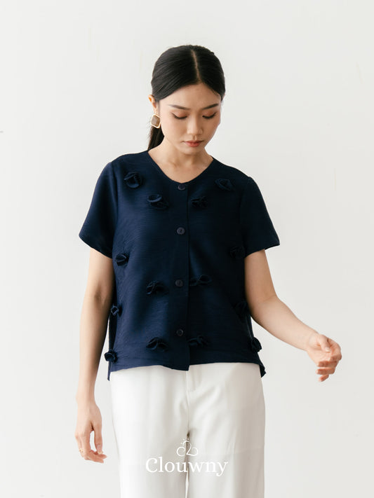 Valva Flower Pleats Top - Navy