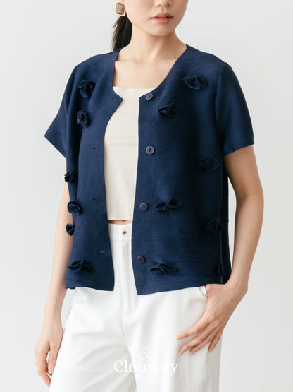 Valva Flower Pleats Top - Navy