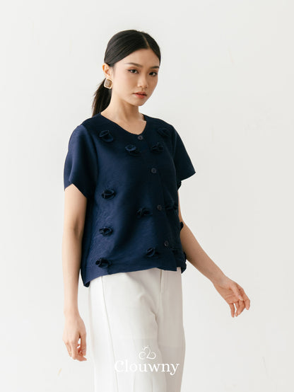 Valva Flower Pleats Top - Navy