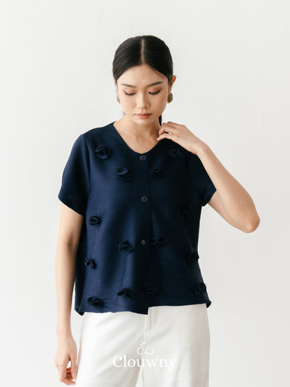 Valva Flower Pleats Top - Navy