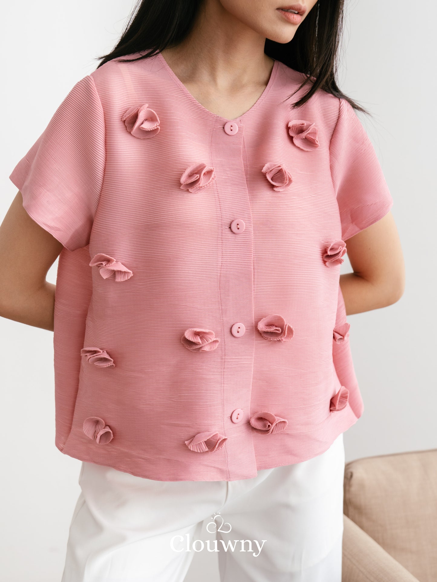 Valva Flower Pleats Top - Dusty Pink