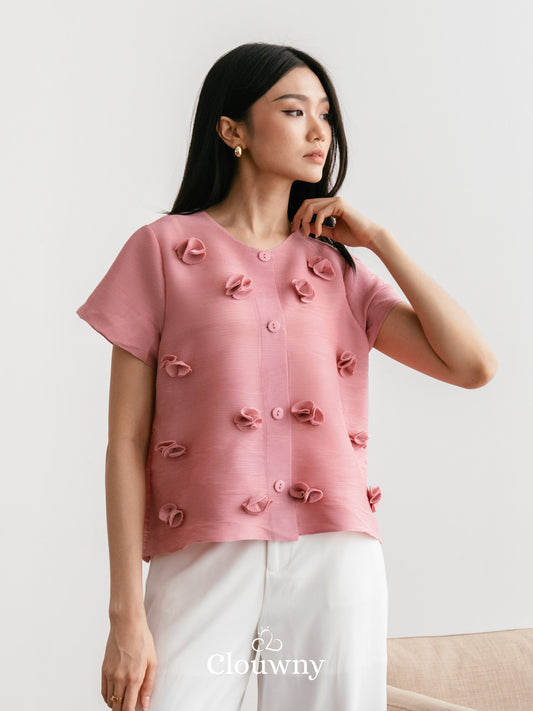 Valva Flower Pleats Top - Dusty Pink