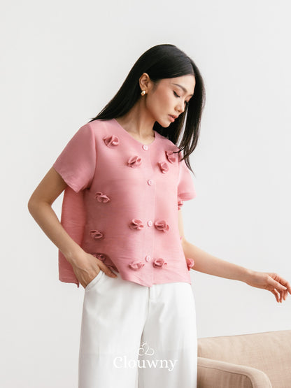 Valva Flower Pleats Top - Dusty Pink