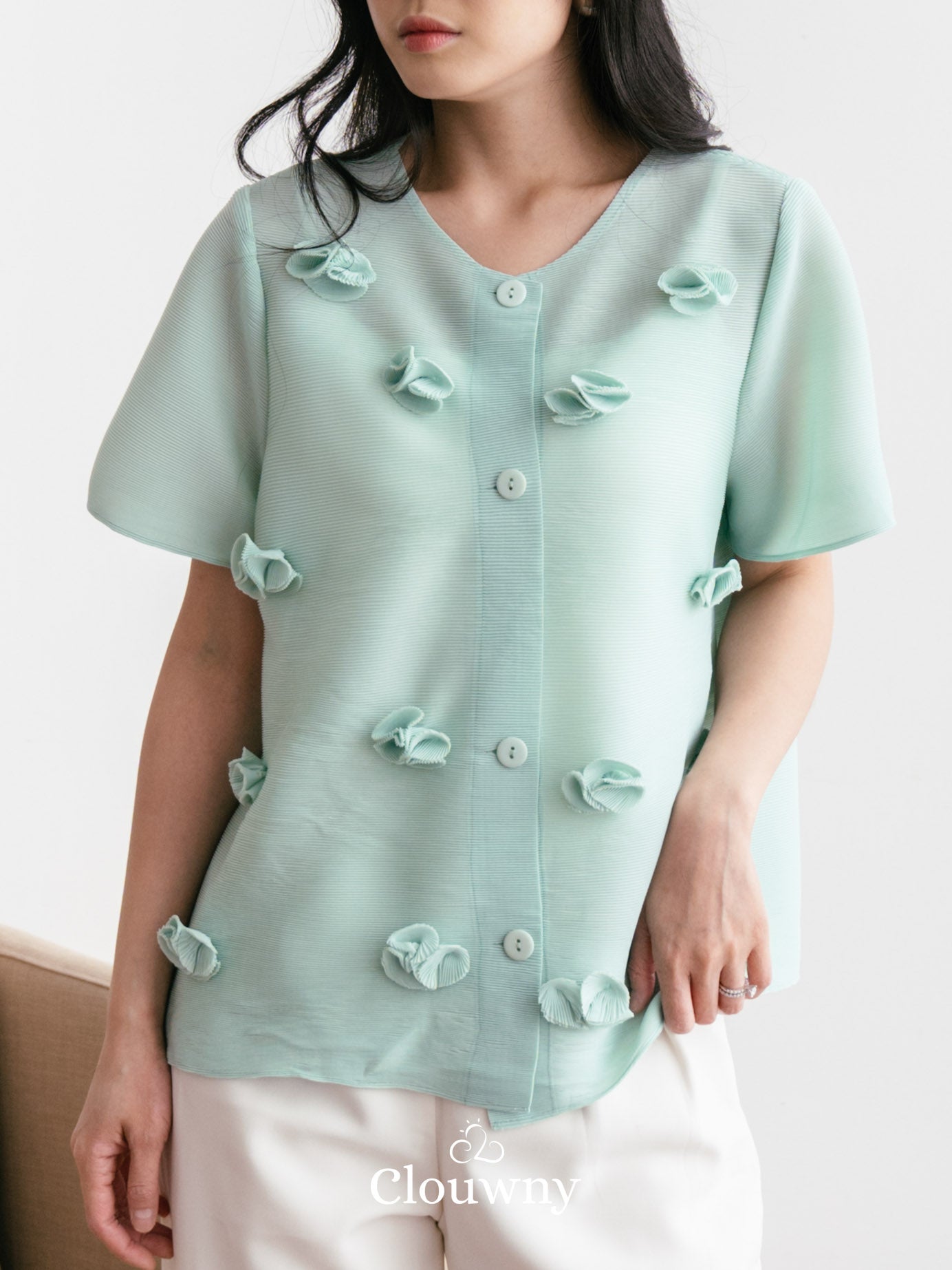 Valva Flower Pleats Top - Mint