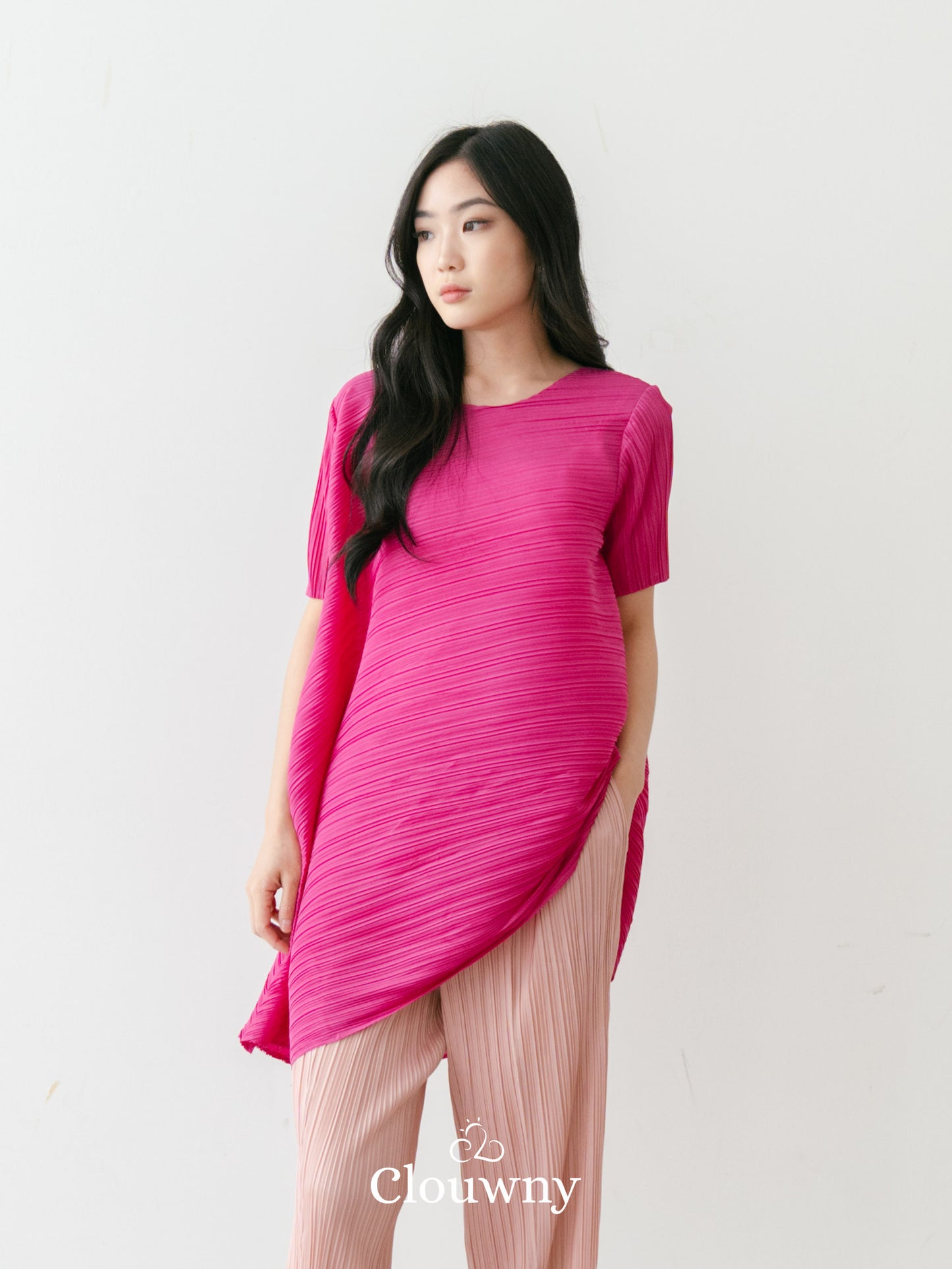 Celi Assymetric Pleats Top - Fuchsia