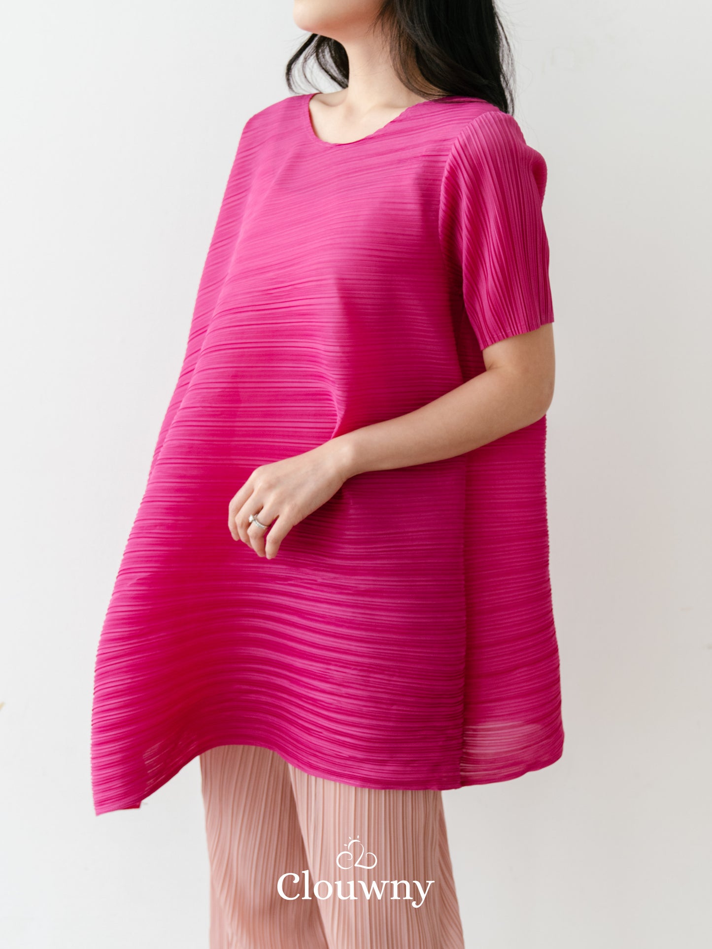 Celi Assymetric Pleats Top - Fuchsia