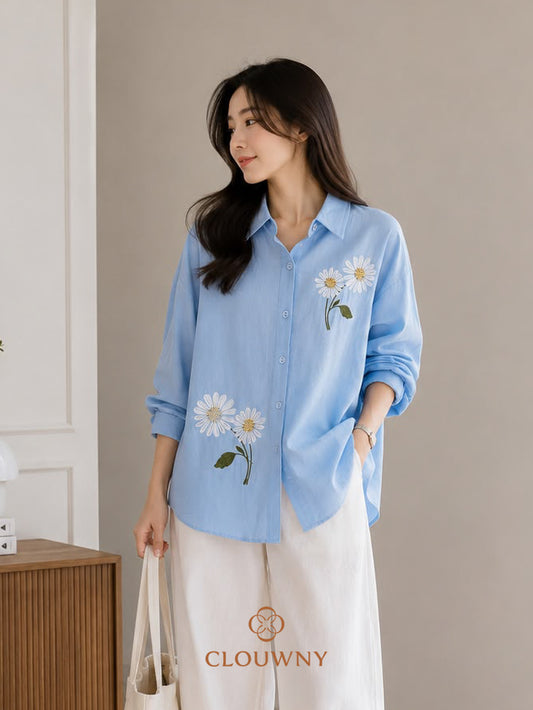 Agera Flower Cotton Longsleeve Shirt - Blue