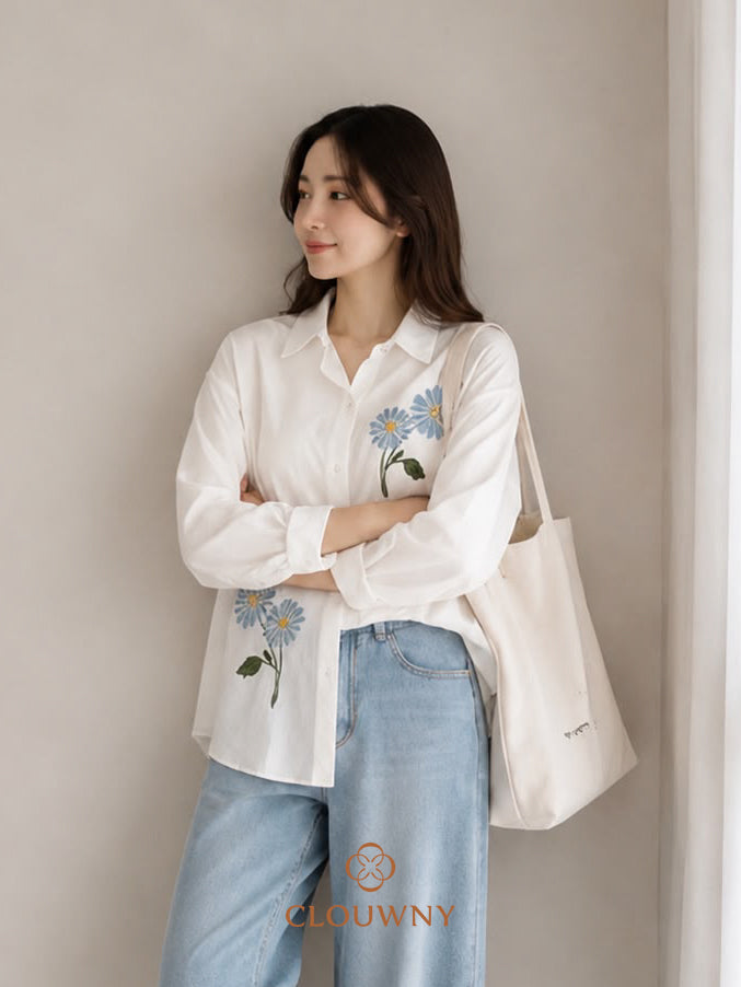 Agera Flower Cotton Longsleeve Shirt - White