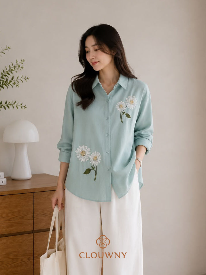 Agera Flower Cotton Longsleeve Shirt - Mint