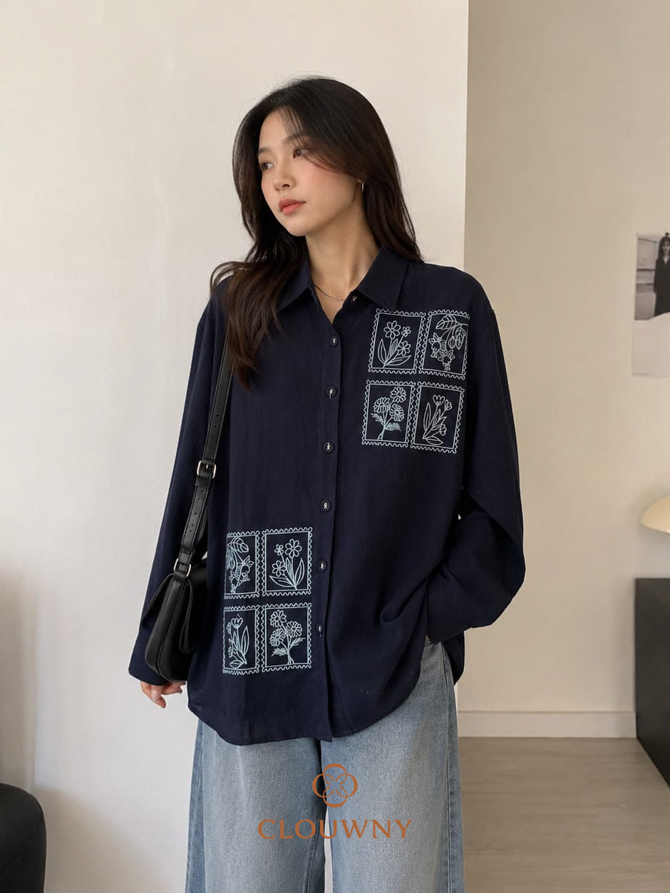 Potrait Flower Cotton Longsleeve - Navy