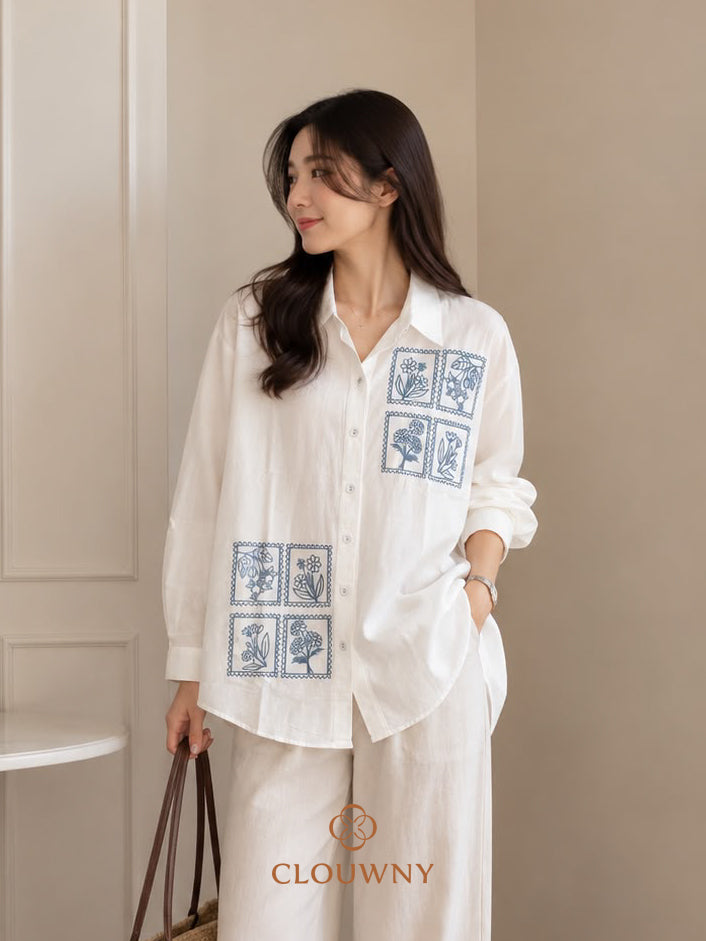 Potrait Flower Cotton Longsleeve - White