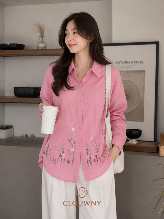 Kasia Flower Cotton Longsleeve Shirt - Pink