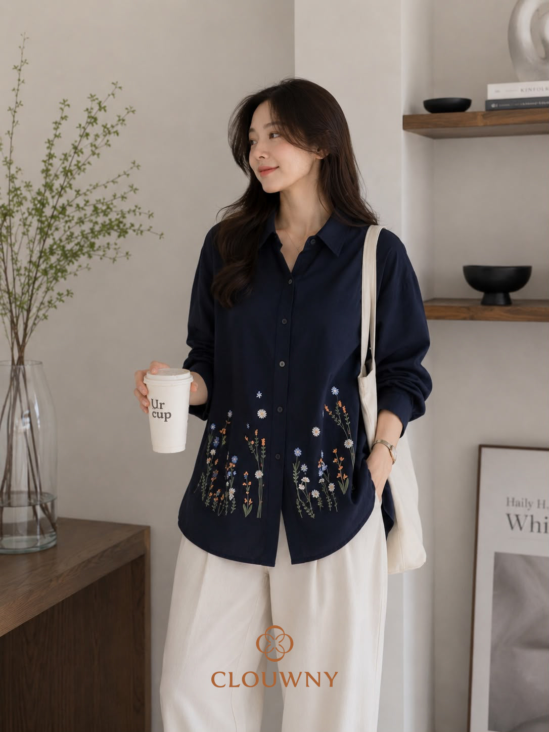 Kasia Flower Cotton Longsleeve Shirt - Navy