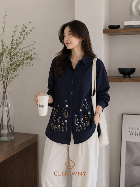 Kasia Flower Cotton Longsleeve Shirt - Navy