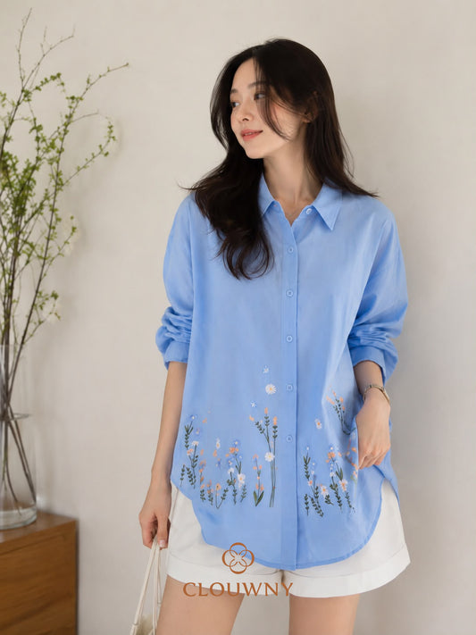 Kasia Flower Cotton Longsleeve Shirt - Blue