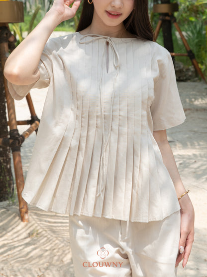Mandes Ribbon Pleated Blouse - Khaki