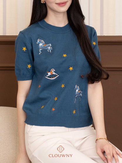 Star Horse Knit Top - Teal