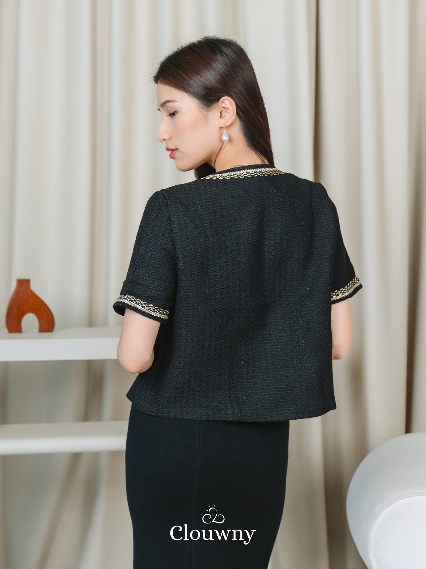 Fumi Pocket Tweed Top - Black