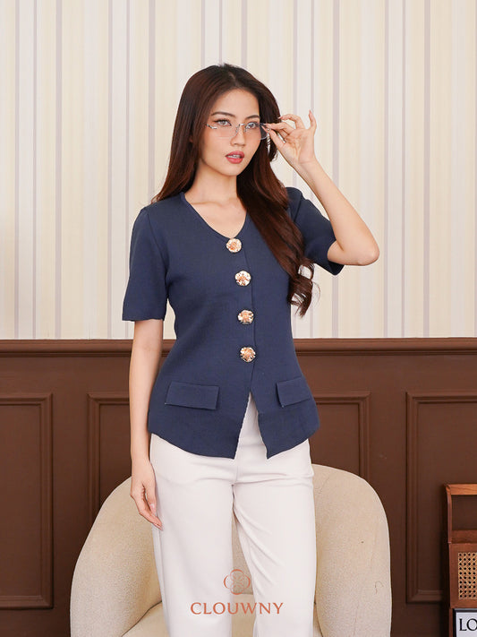 Valencia Peplum Button Top - Blue