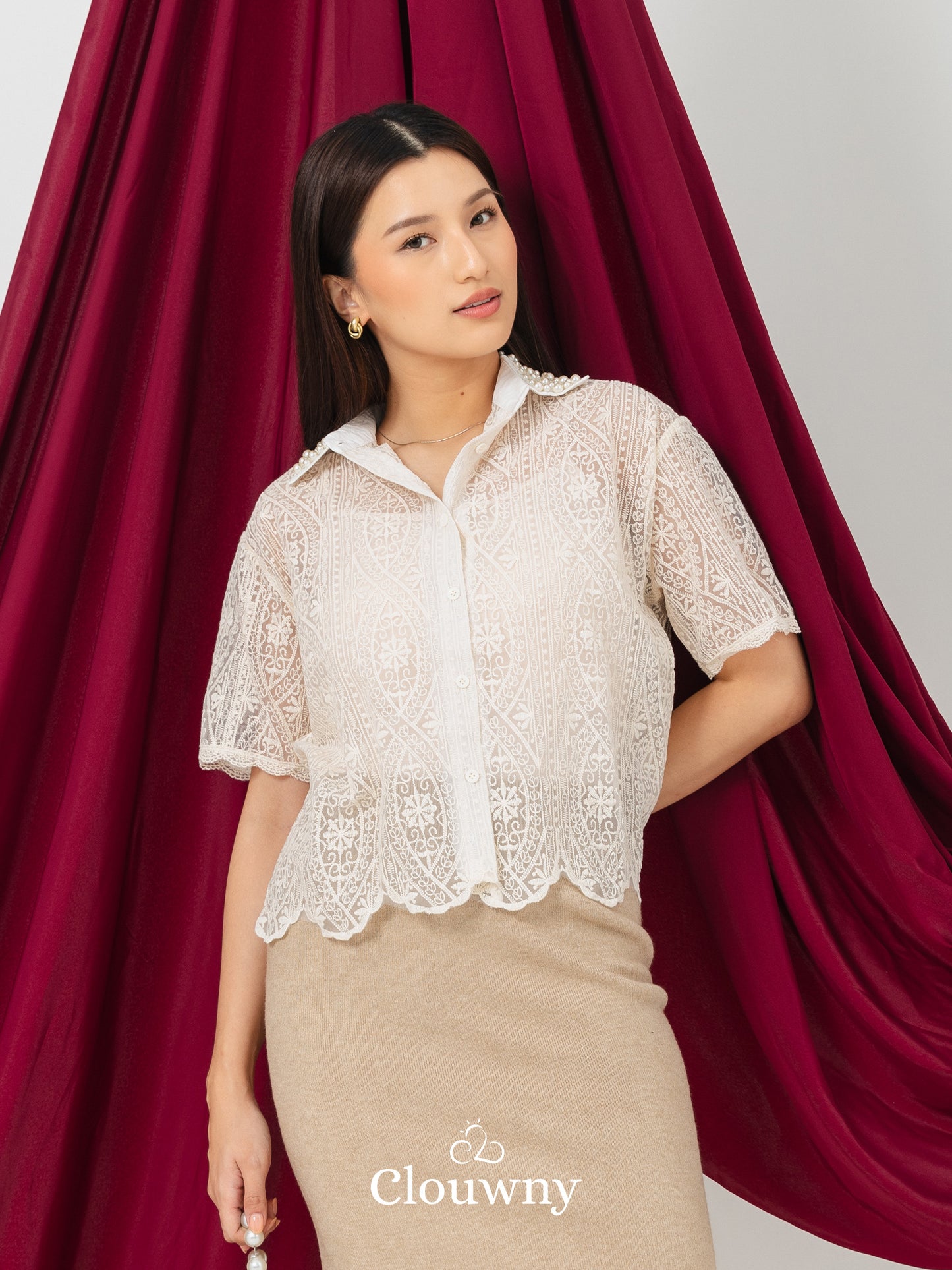 Chiro Pearl Lace Blouse - Cream