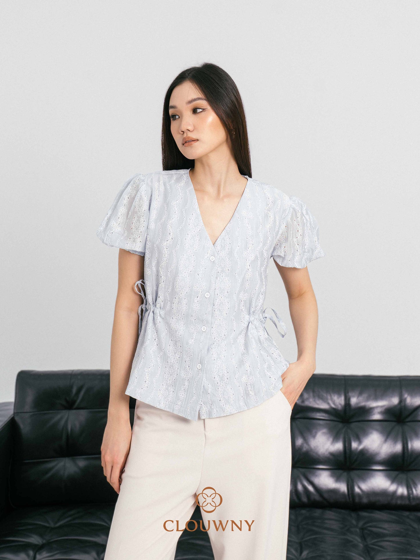 Angela Embroidery Drawstring Blouse - Blue