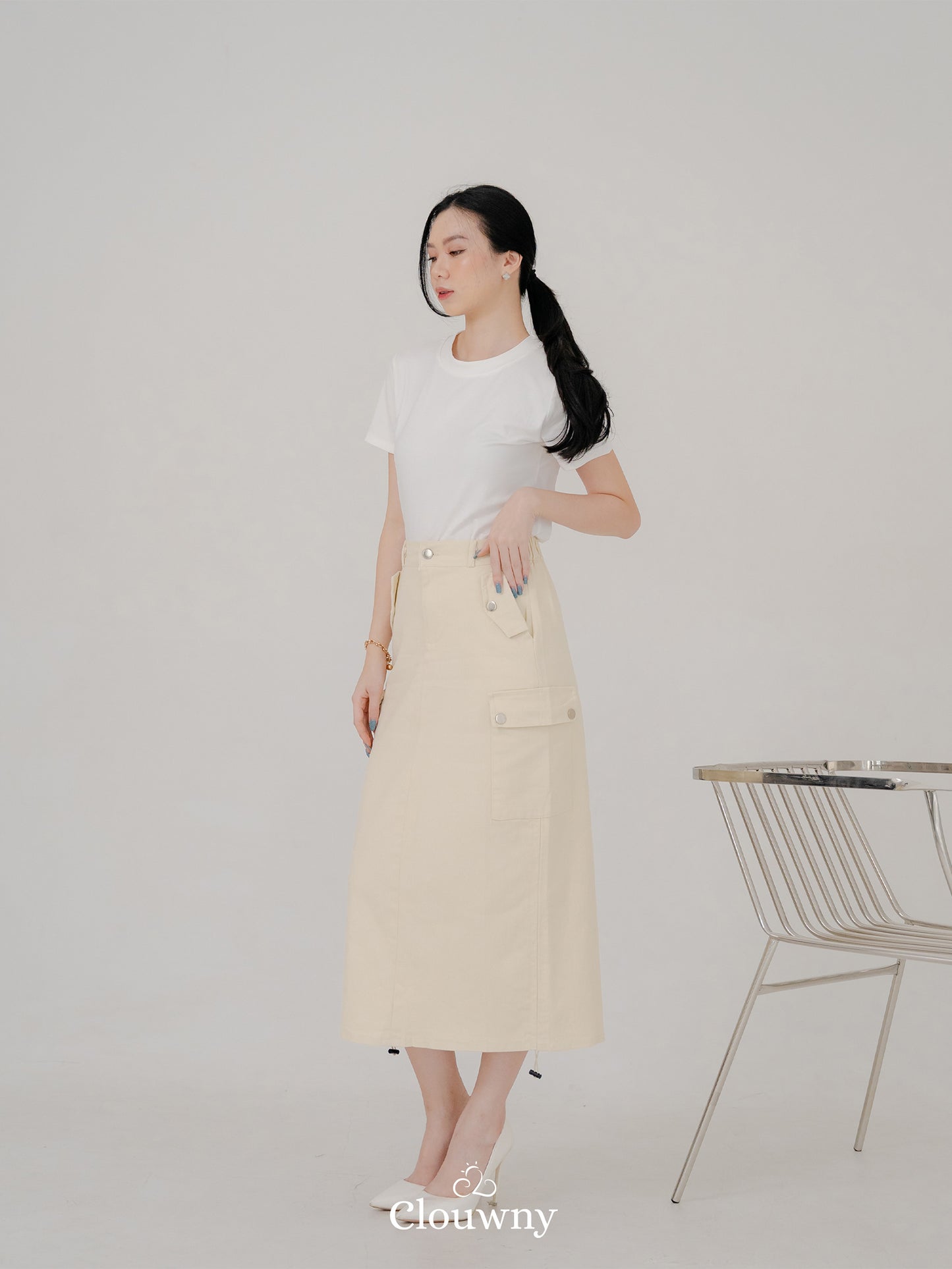 Dex Cargo Denim Skirt - Cream