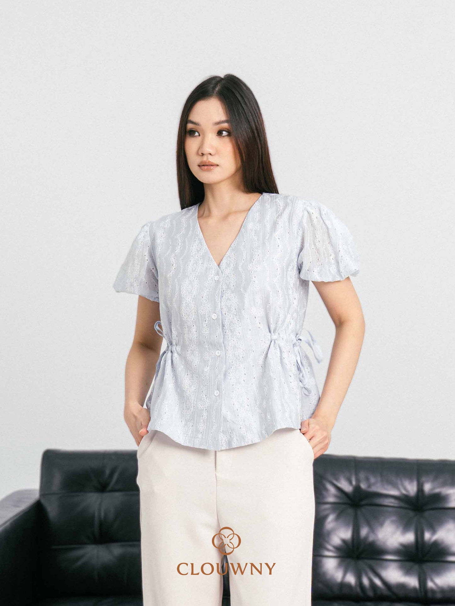 Angela Embroidery Drawstring Blouse - Blue