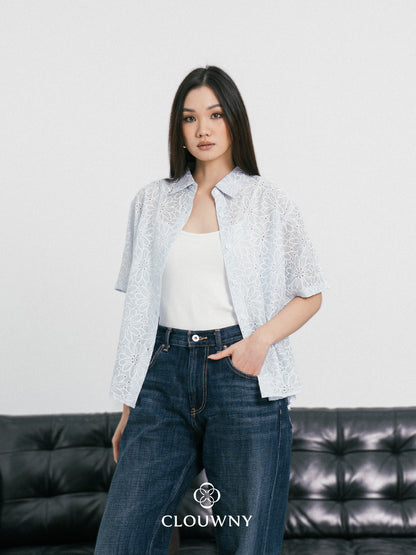 Kornelia Flower Embroidery Shirt - Blue