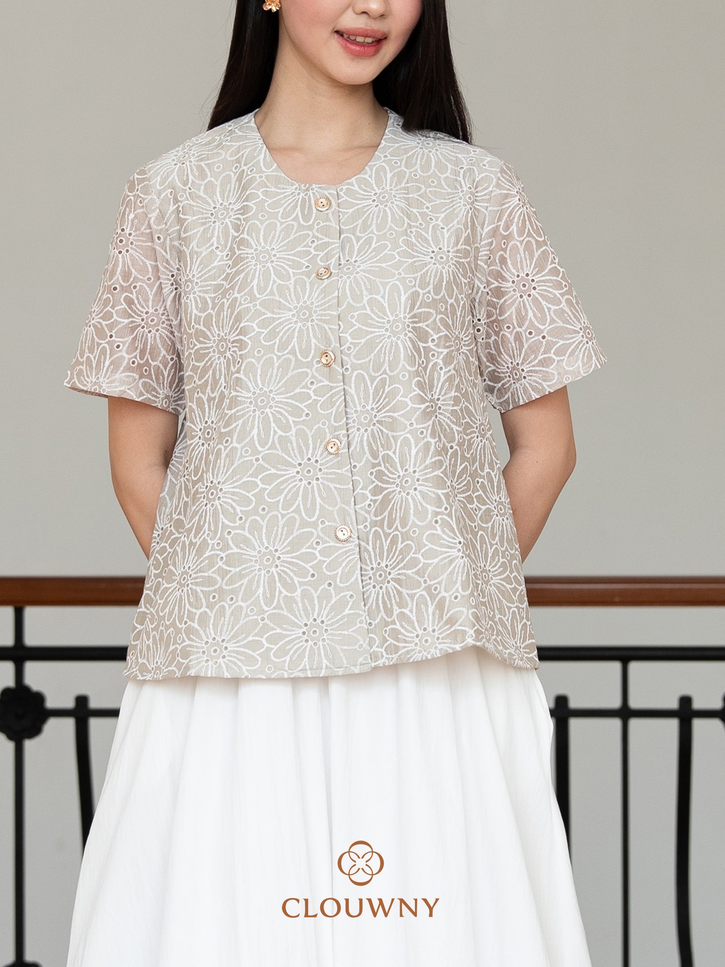 Forest Button Embroidery Blouse - Sage Green