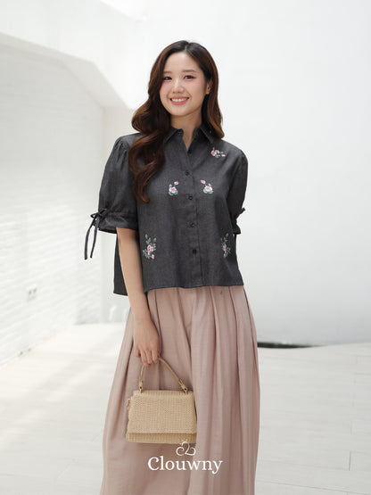 Vilna Embroidery Flower Shirt - Black