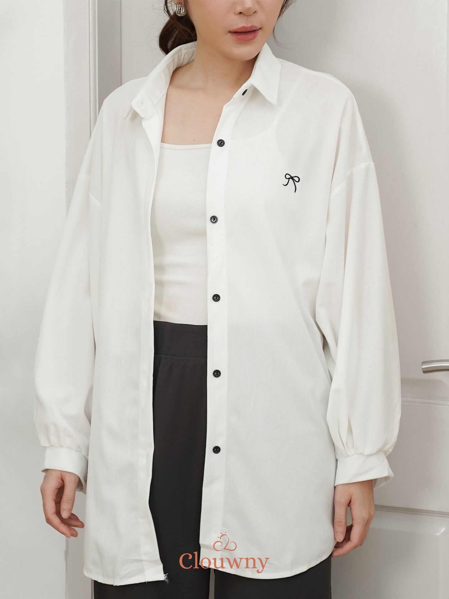 Marcia Corduroy Bow Shirt - White