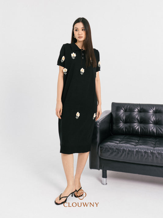 Anetha Flower Knit Dress - Black