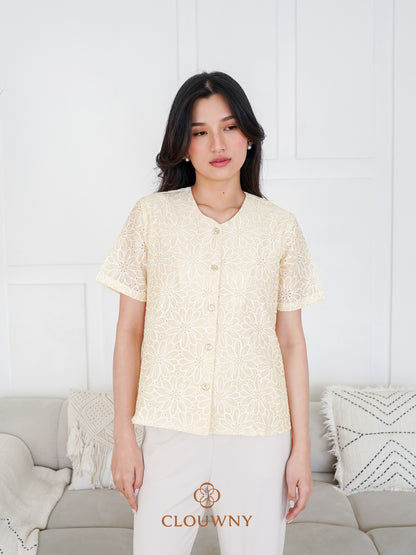 Forest Button Embroidery Blouse - Yellow