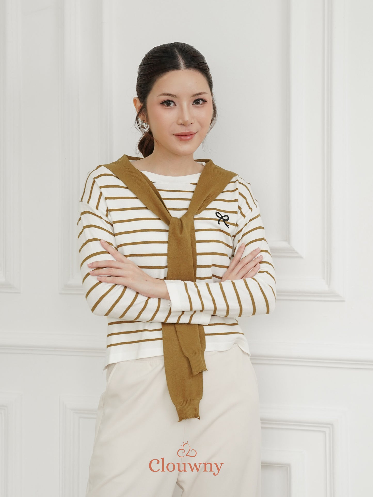 Genevi Scarf Stripes Top - Olive