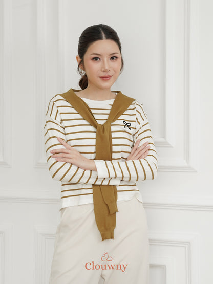 Genevi Scarf Stripes Top - Olive