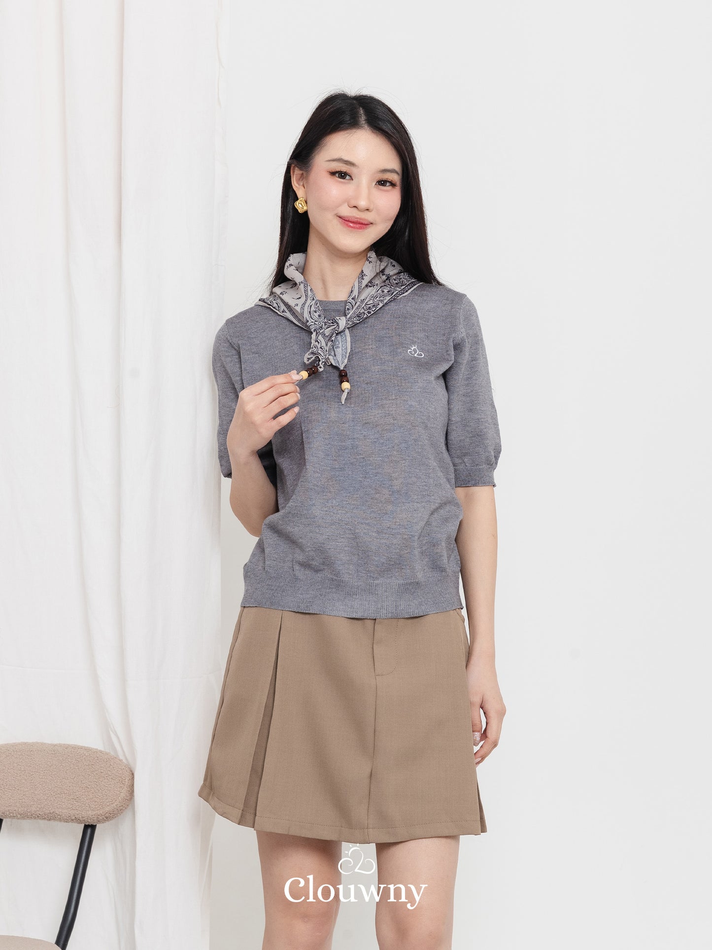 Libra Scarf Knit Top - Grey