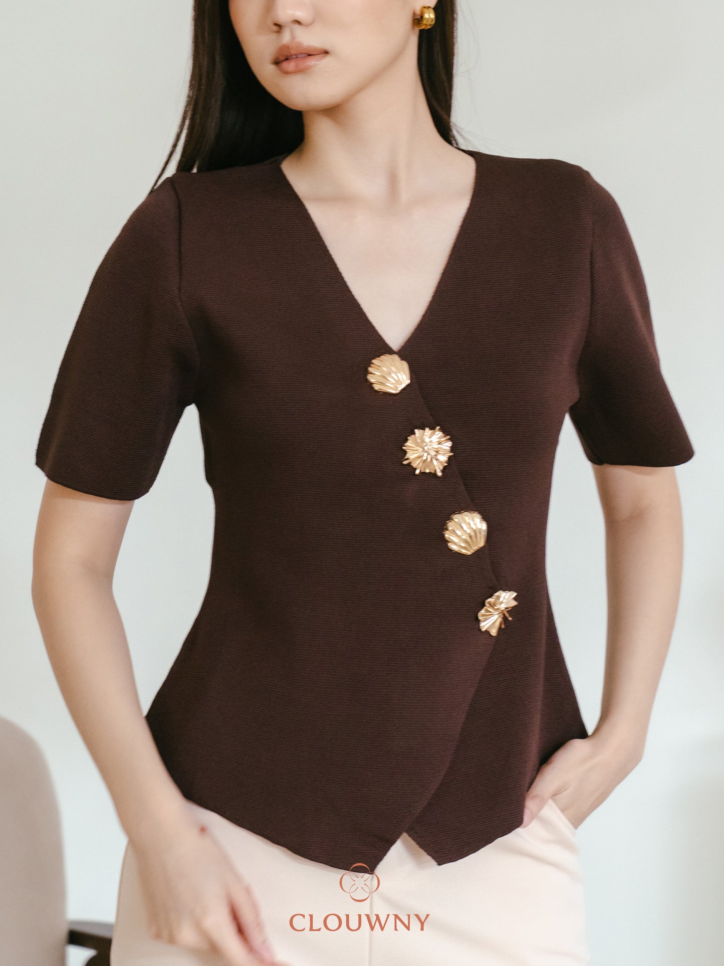 Solea Asymmetric Button Top - Coffee