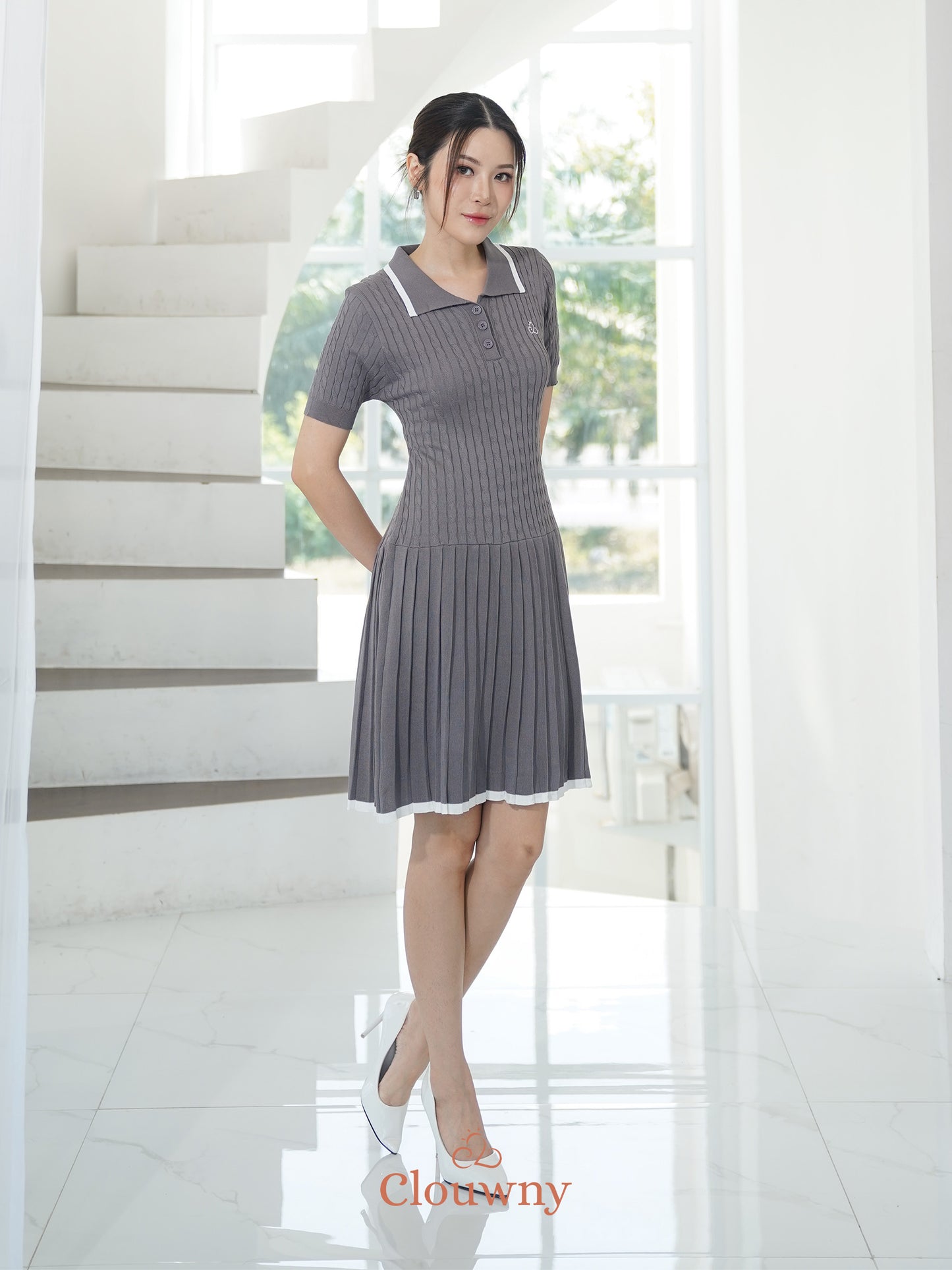 Quirk Polo Knit Dress - Grey