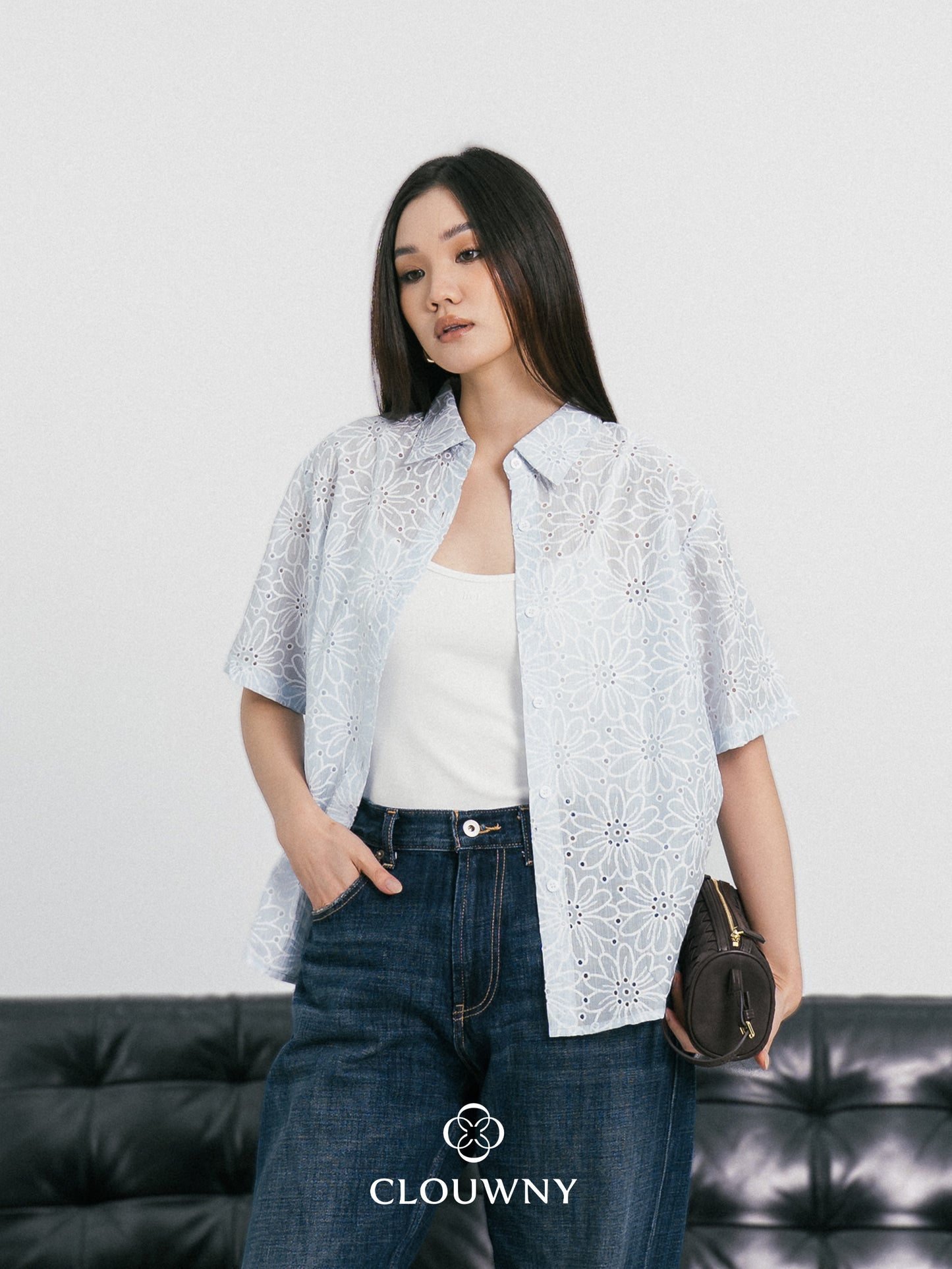 Kornelia Flower Embroidery Shirt - Blue