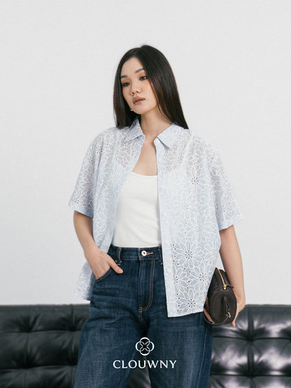 Kornelia Flower Embroidery Shirt - Blue
