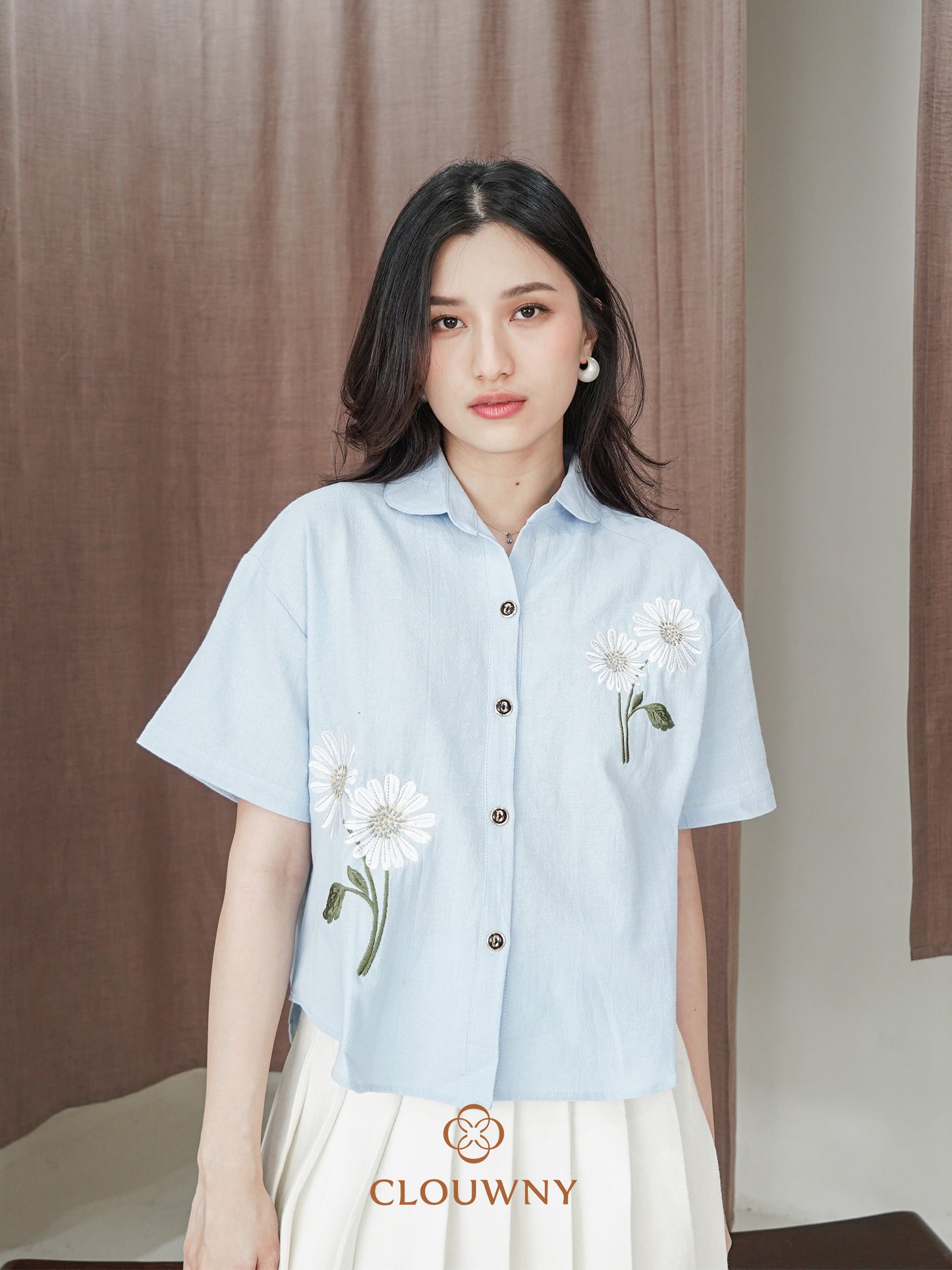 Sheryl Flower Cotton Shirt - Blue
