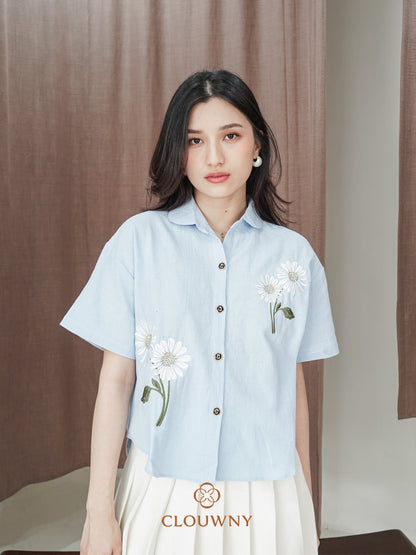 Sheryl Flower Cotton Shirt - Blue