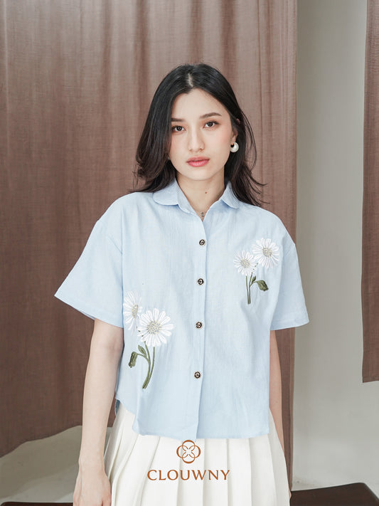 Sheryl Flower Cotton Shirt - Blue